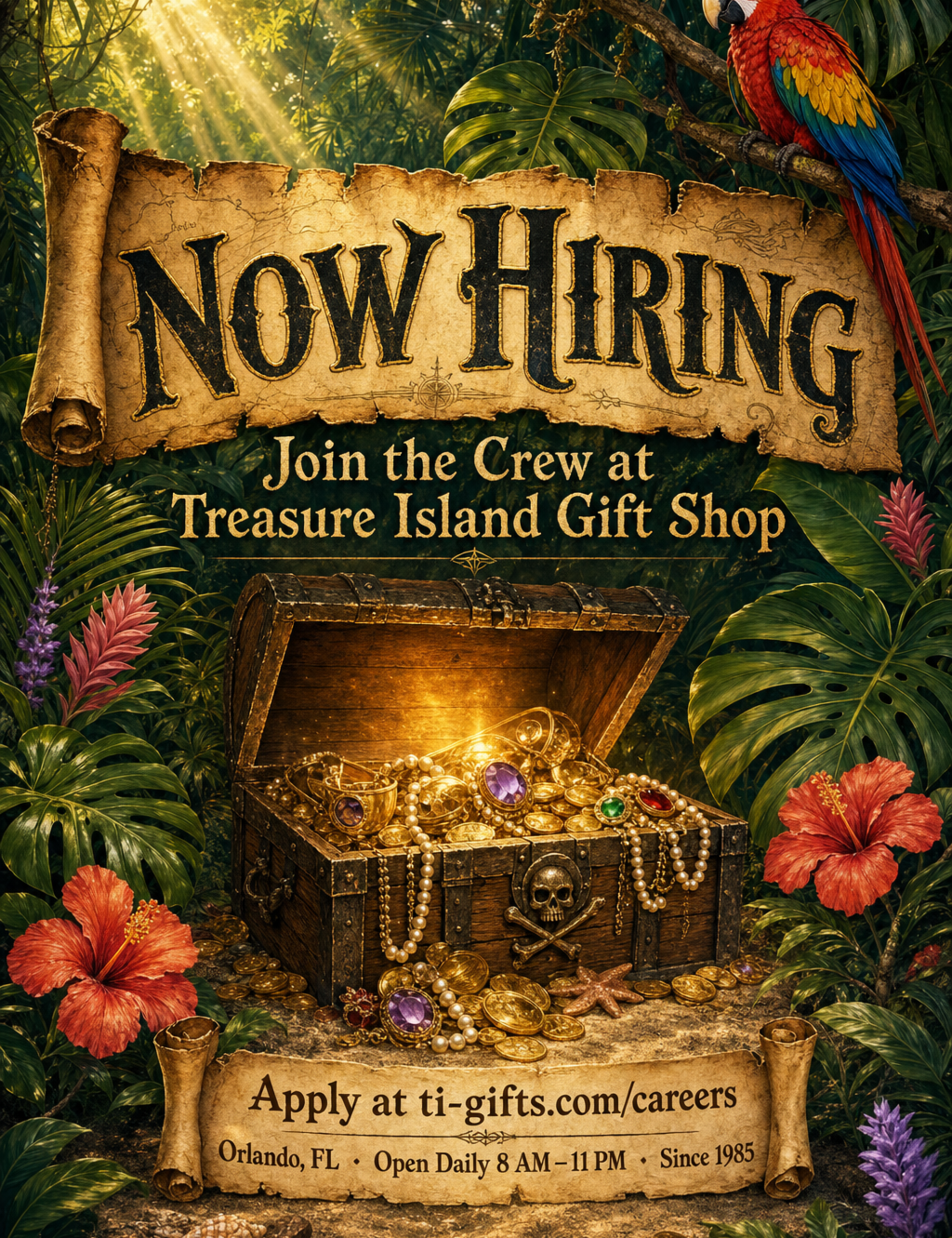 Now hiring at Treasure Island Gift Shop — an illustrated jungle and treasure poster